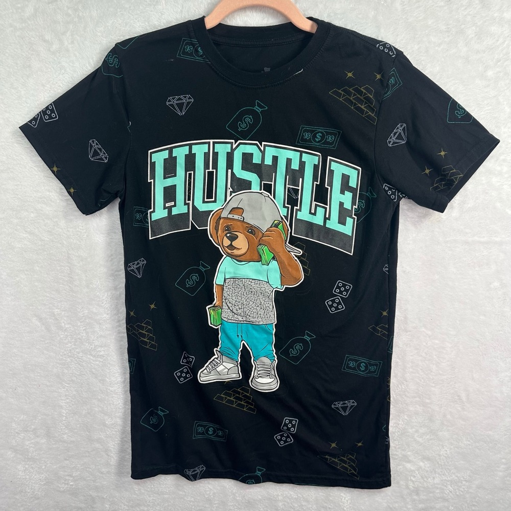 Launder Hustle T-Shirt Mens Small Black Graphic Bear Money Hip Hop Streetwear